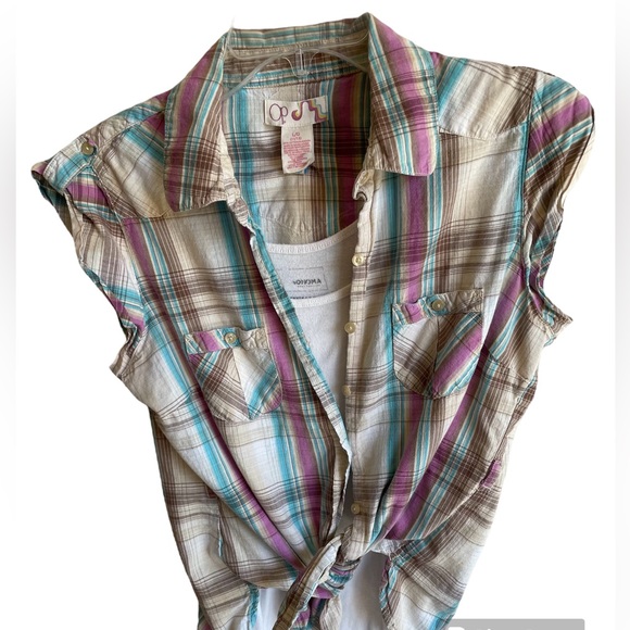 Op sleeveless button up shirt plaid design size Large 11/13 - Picture 8 of 11
